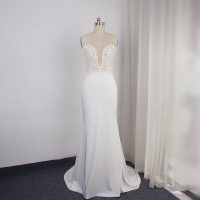 China Breathable Spaghetti Strap Sheath Wedding Dress Lace Appliqued Pearl Beaded Low Back Crepe Wedding Dress for sale