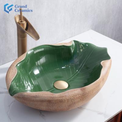 China Modern Design Green and Brown Art Leaf Bathroom Chinese Style Ceramic Wash Basin for Kitchen and Hotel for sale