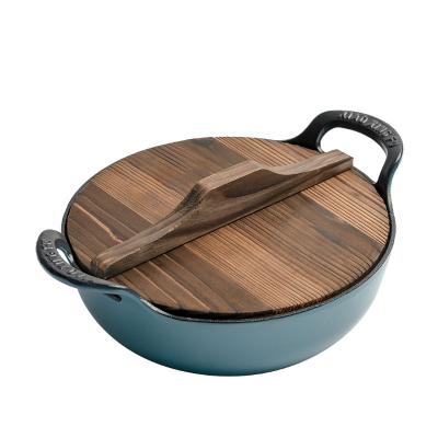 China Hot Selling Sustainable Double Handle Cooking Care Cast Iron Stock Pots With Lid Kitchen Enamel Cookware Set Wood Casserole Soup Pot Set for sale