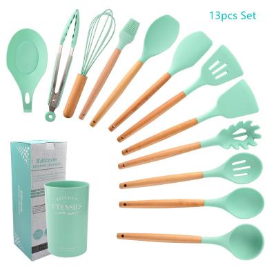 China Viable Silicone Baking Cookware Non-Stick Heat Resistant Spatula Set With Holder Wooden Handle Instruments Utensils Set For Kitchen for sale