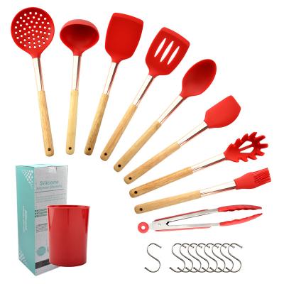 China Sustainable 20 Pieces In 1 Set Of Kitchen Utensils Tools Rack Kitchenware Spatula With Wooden Handles S Hooks Silicone Cookware Set for sale