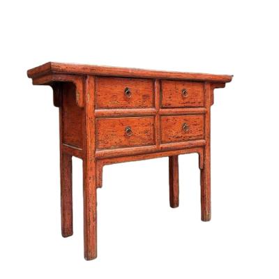 China (Other) Chinese Antique Style Recycled Adjustable Pine Wood Four Drawer Painted Side Table for sale