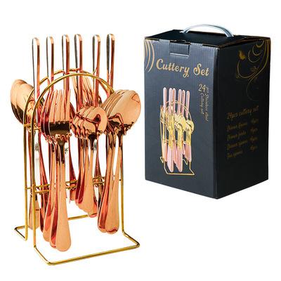 China Viable 24 Pcs Set Stainless Steel Cutlery Set With Box Gold Wire Holder Plated Silverware Gold Utensils Stainless Steel C for sale