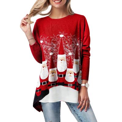 China 2021 Breathable New Hot Large Size Red Christmas Printing The Two Round Collar Fake Long Sleeve T-shirt Women Wholesale for sale