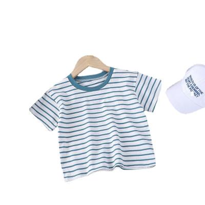 China Boys Anti-Shrink Short Sleeve T-shirt Summer Kids Cartoon Blue Stripe T-Shirt Good Selling High Quality In-Stock Shirt for sale