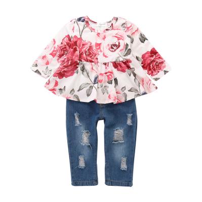 China Antibacterial Girls Clothes Outfits , Cute Baby Floral Long Sleeve Panties Set Flower Ruffle Top for sale