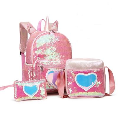 China Hot Selling Waterproof Unique Glitter Sequins School Backpacks Set Teenager Girls Kids School Bag 3 Pieces Set for sale