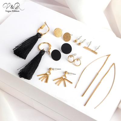 China V&R Trendy 8 Pairs Set Earring Jewelry Metal Gold Plated Tassel Rhinestone Earring Set Wholesale for sale