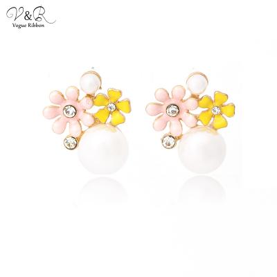 China Alloy V&R Gold Plated Acrylic Pearl Crystal Rhinestone Drop Earring With Enamel Flower for sale