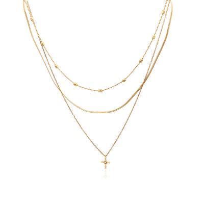 China V&R Brass Con Gold Plated Triple Layer Choker Cross Pending Beaded Necklace For Women for sale