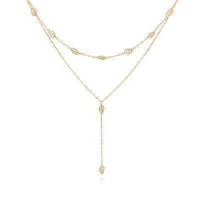 China V&R Con Jewelry Brass Gold Plated Double Layered Crystal Stone Leaf Charm Pendent Y Choker Necklace For Women for sale