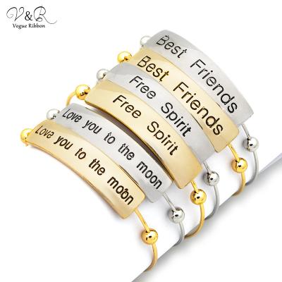 China Other V&R OEM Rhodium Personalized Alphabet Letter Engraved Man Open Gold Plated Cuff Bangle Bracelet For Women for sale