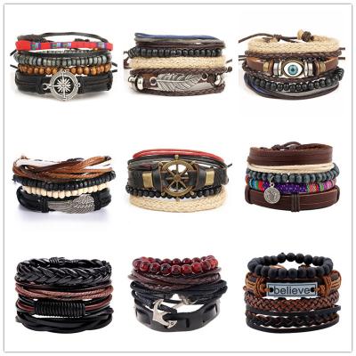 China BOHEMIA V&R Fashion Skull Stainless Steel Bracelet Jewelry Adjustable Braid Brown Men's Leather Bracelets Sets for sale