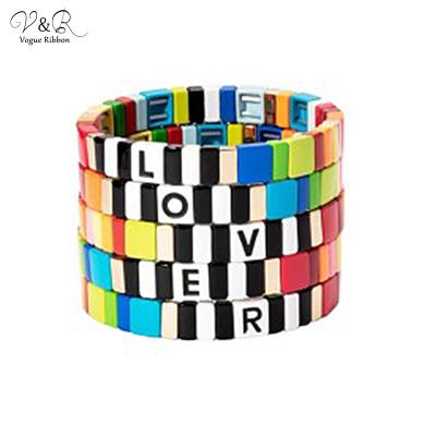 China FASHIONABLE Stretch Bracelet Stackable Colorful Enamel Rainbow V&R Mosaic Block Beads Strand Bracelet Tila Bracelet Tile Bracelet for sale