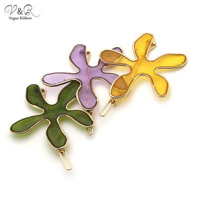 China V&R Gold Plated Zinc Alloy With Graceful Flower Acrylic Leaf Hair Clip Hair Pin Hair Accessories Top: 5.8*5.2 for sale