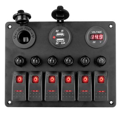 China Factory Price 6 Strip 12V Marine Boat LED Dual USB Ports Digital Voltmeter Boat RV Auto Marine Panel Rocker Switch with Circuit Breaker for sale