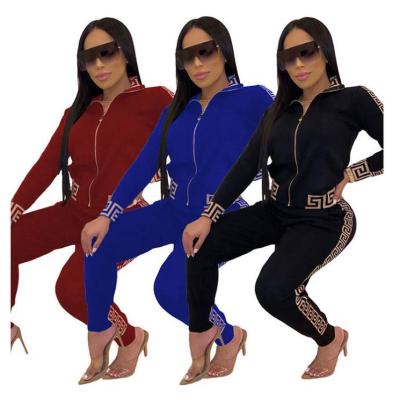 China Anti-pilling SINGLE new style printing zipper legged women's two-piece outfit sweat suit set women's two-piece set for sale