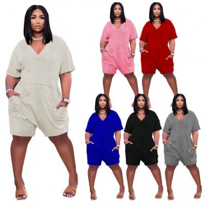 China The ONLY Hot Selling Anti-Wrinkle Short Sleeve V-Neck Pockets One Piece Overalls Plus Size Short Rompers Rompers for sale