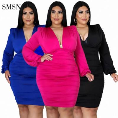 China Elegant Solid Color High Quality Anti-Static Deep V-Neck Long Sleeve Women Dresses Women's Plus Size Long Dress for sale