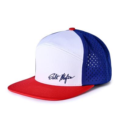 China ODM Cotton 6 Panel Snapback Cap Flat Bill 7 Hole Snapback Closure for sale