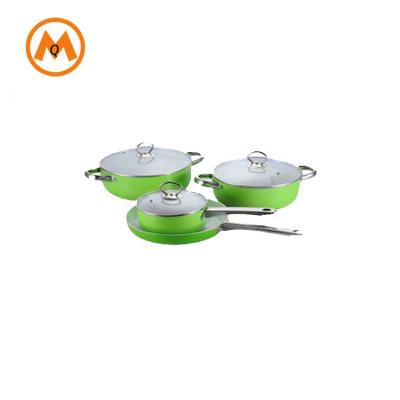 China Sustainable 7pcs Green Aluminum Cookware Set Stainless Steel Ceramic Handle Pan for sale