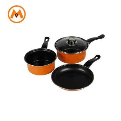 China Sustainable Popular Carbon Steel Saucepan And Frying Pan Cookware Set In Yellow Coating for sale