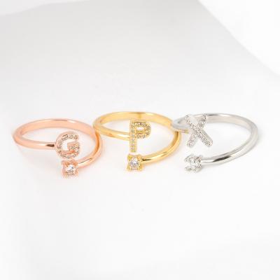 China Quick Delivery Rings Adjustable Initial Crystal Letter A to Z Knuckle Ring for Girls Rose Gold Finger Open Ring Silver Women for sale