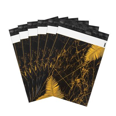 China Custom Waterpfoof Logo Mailing Bags Black And Gold Leaves Pattern With Thank You Design Shipping Messenger Poly Mailers For Clothes for sale