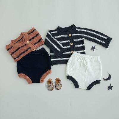 China 2019 Autumn Baby Clothes Newborn Cross-striped Cardigan Baby Sweater Sets Breathable Long Sleeve Sets for sale