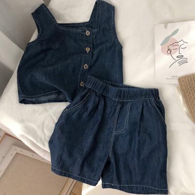 China Casual Girls Summer Dressing Sets Slim Straight Suspenders + Shorts and Denim Two Piece Suit for sale