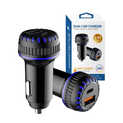 China UniversalÂ   Super Fast Charging Type C 18W QC 3.0 USB Car Charger LED USB C Car Charger Adapter for sale