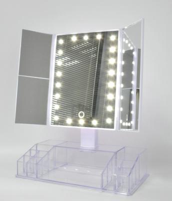 China Three Lighted Mirror LED Lighted Table Top Cosmetic Mirror With Lipstick Organizer for sale