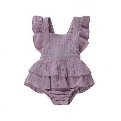 China Purple Backless 100% Fluffy Ruffle Girls' Romper Sleeve Style Organic Cotton Jumpsuit Backless for sale