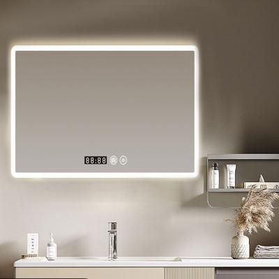 China Water Proof Drogging Hotel Frontal Transmittance Drogging Resistant Frameless Led Lighted Touch Screen Smart Mirror Wall Mounted Anti-fog Led Square Bathroom Mirror for sale