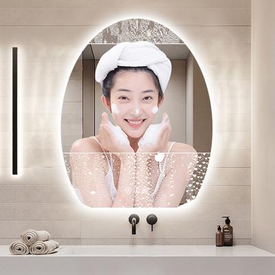 China Water Proof Drogging Touch Screen Dressing Table Mirror Anti-fog Device Egg Shape Wall Mounted Frameless Led Backlit Bathroom Moisture Proof Mirror for sale