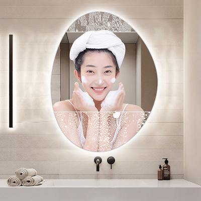 China Water Proof Drogging Touch Screen Mirror Vanity Mirror Anti-fog Duck Egg Shape Wall Mounted Frameless Led Backlit Bathroom Moisture Proof Mirror for sale