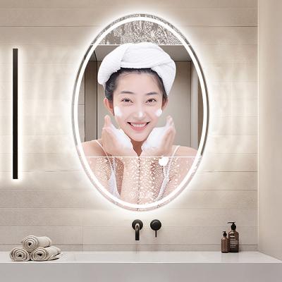 China Water Proof Drogging Moisture Proof Oval Frontal Transmittance Led Touch Screen Vanity Mirror Smart Wall Mounted Demister Led Bathroom Mirror for sale