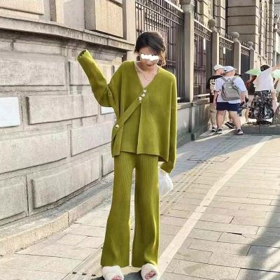 China Waterproof OULAIYDI New Solid Color Cardigan Knitted Sweater Wide Leg Pants 2 Piece Set Women Sets Two Piece for sale