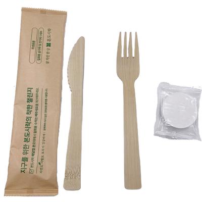 China Travel Bmaboo Disposable Eco-friendly Cutlery Set Bamboo Knife Fork Folded Paper Napkin With Bag for sale