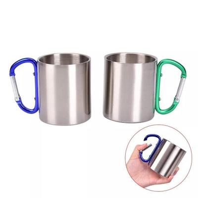 China Durable Carabiner Cup Double Layer Stainless Steel 300ML Carabiner Handle Outdoor Coffee Mugs for sale