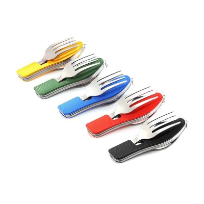 China Sustainable Camping Stainless Steel Folding Fork Spoon Combination Multifunctional Cutlery Disassembly Tableware for sale