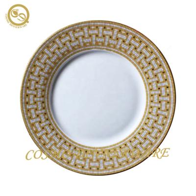 China Sustainable Gold Gingham Edged Plate Dinnerware Ceramic Printing With Woven Pattern for sale