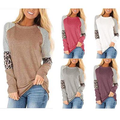 China QUICK DRY Women's Long Sleeve Leopard Color Block Comfortable Tunic Stripe Round Neck T-Shirt for sale