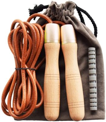 China Wholesale Pure Wood Handles Leather Adjustable Skipping Jump Rope With 360-Degree Bearing for sale