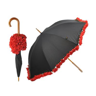 China All In 1 With Shine Rose Edge Straight Elegant Wood Umbrella Curved Handle Customized MOQ 1pc for sale