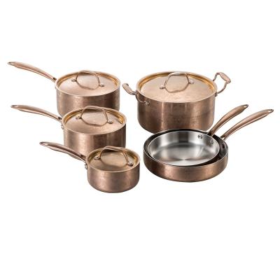 China 10Pcs Stainless Steel High Quality Triple Sustainable Stylish Retro Cookware Set for sale