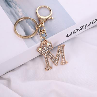 China A-Z Metal 26 Key Ring Women Bag Ornaments Car Key Gold Key Holder Accessories Crystal Rhinestone Crown Keychain Charm Letter for sale