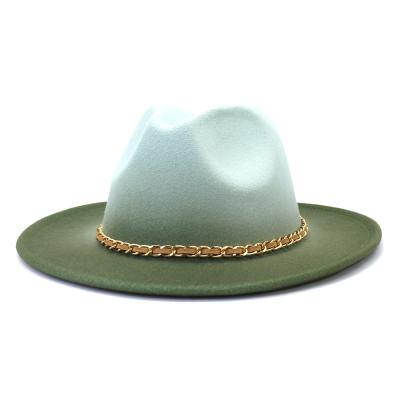 China New Fashion Durable Cotton Gold Chain Belt Unisex Wide Brim Felt Fedora Panama Ladies Womens Ombre Fedora Hats Men And Women for sale