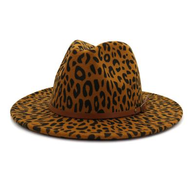 China New Style 2 Two Fedora Hats Vintage Jazz Panama Felt By Tone Leopard Printing Wide Brim Fedora Caps Winter Durable Classics for sale