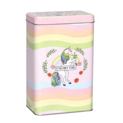 China Food Grade Sustainable Cute Square Multifunctional Tin Can With Unicorn Design Tin Box for sale